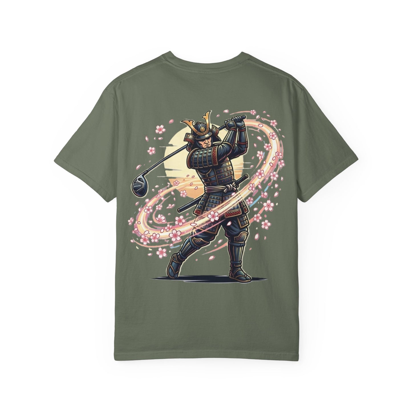 Zen Spot Customized Comfort Colors Samurai Golf T-Shirt — Warrior Golfer with Sakura Swing Graphic