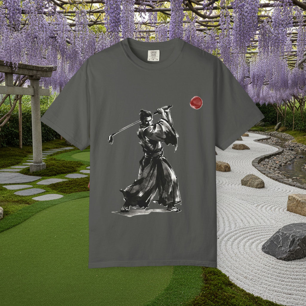 Samurai Golf T-Shirt — Sumi-e Brushstroke Golfer with Red Sun