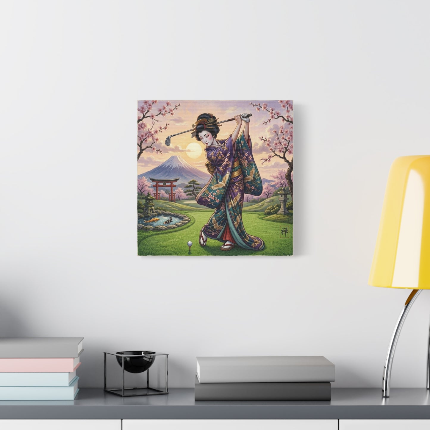 Geisha Golfer Canvas Print — Japanese Cherry Blossom Golf Art