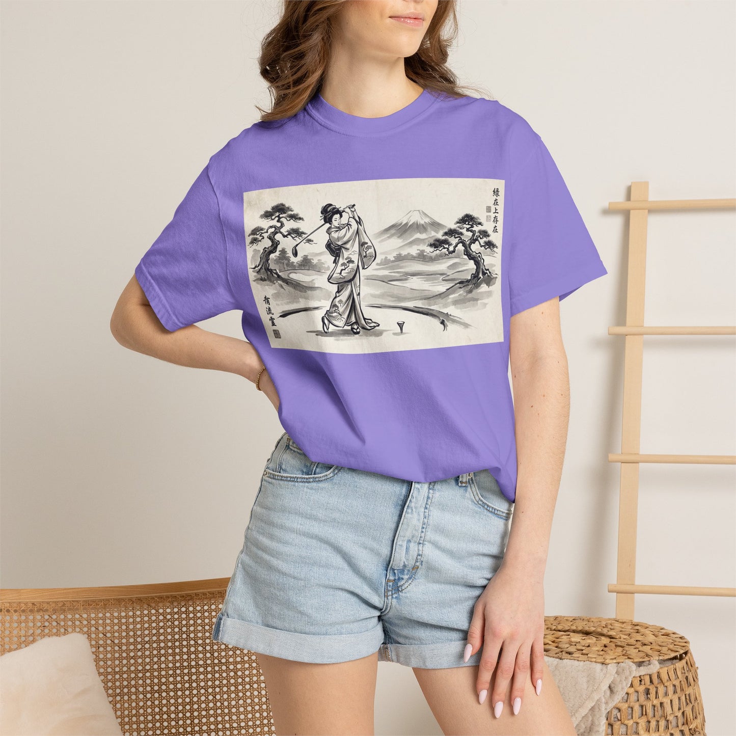 Zen Spot Golf Custom Vintage Geisha Golfer & Mount Fuji Graphic T-Shirt