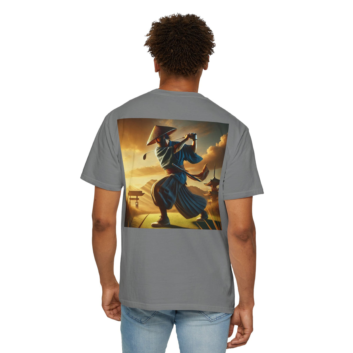 Enso Circle Chest Design Samurai Golfer Sunset Back Graphic T-Shirt