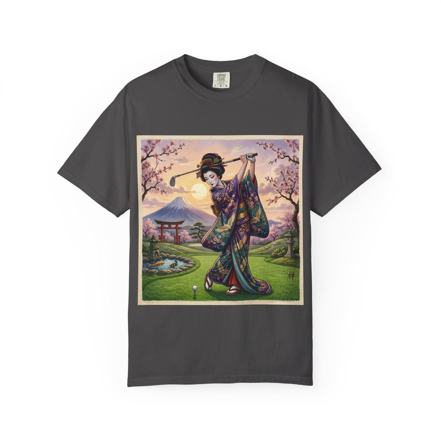 Zen Spot Customized Comfort Colors Geisha Golfing Sunset T-Shirt — Vintage Japanese Kimono Art Tee