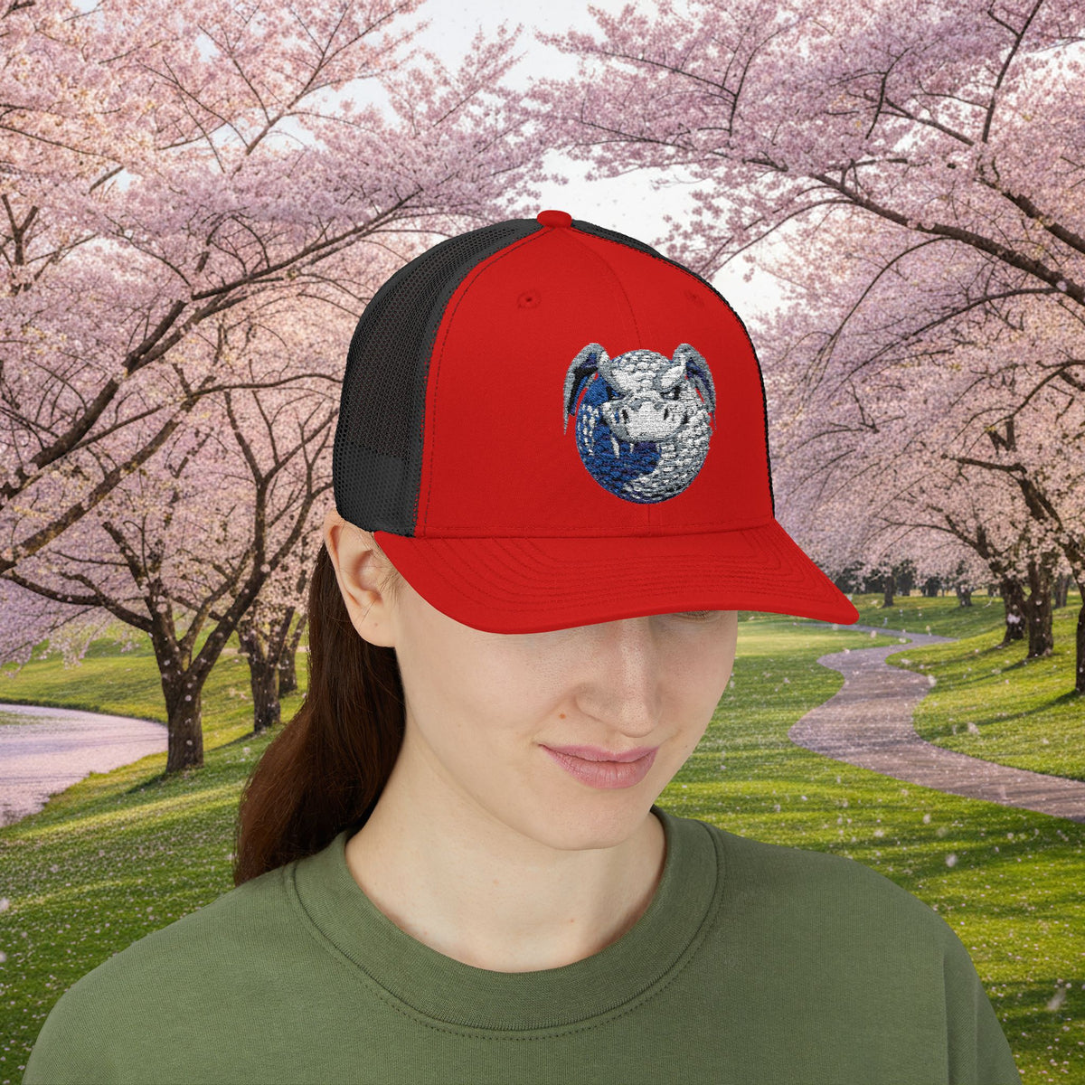 Embroidered White and Grey Stitched "Dragon Golf Ball" Trucker Cap