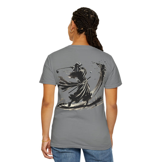 Brushstroke Bunker Blast Samurai Golfer Chest and Back Design Graphic T-Shirt