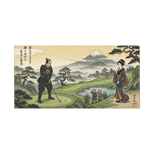 Vintage Japanese Ukiyo-e Canvas Print — Samurai Playing Golf with Mount Fuji