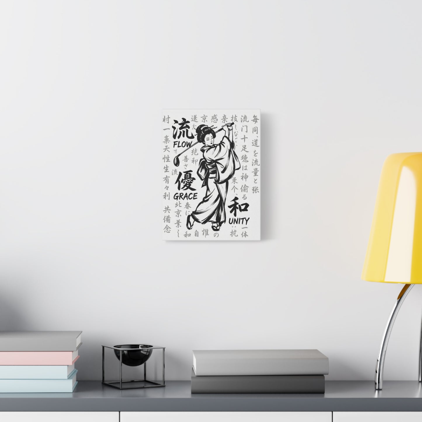 Geisha Golf Art Canvas — 'Flow, Grace, Unity' Stretched Matte Wall Decor