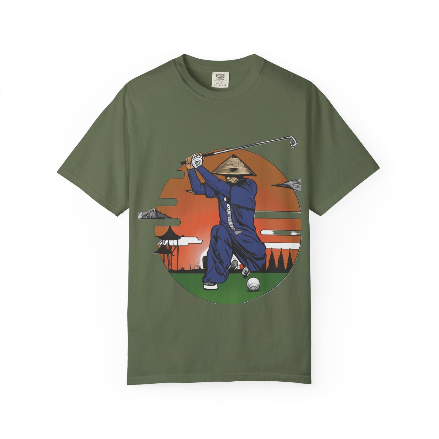 Golf Samurai T‑Shirt — Vintage Sunset Golfer Graphic