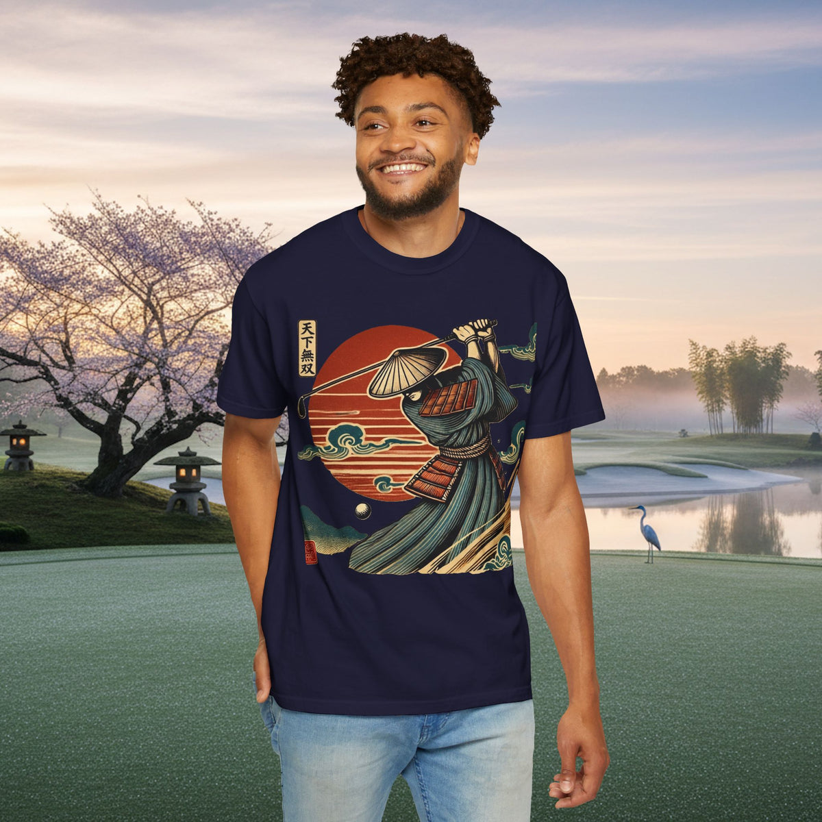 Samurai Golfer Sunset T-Shirt — Japanese Wave & Warrior Graphic Tee