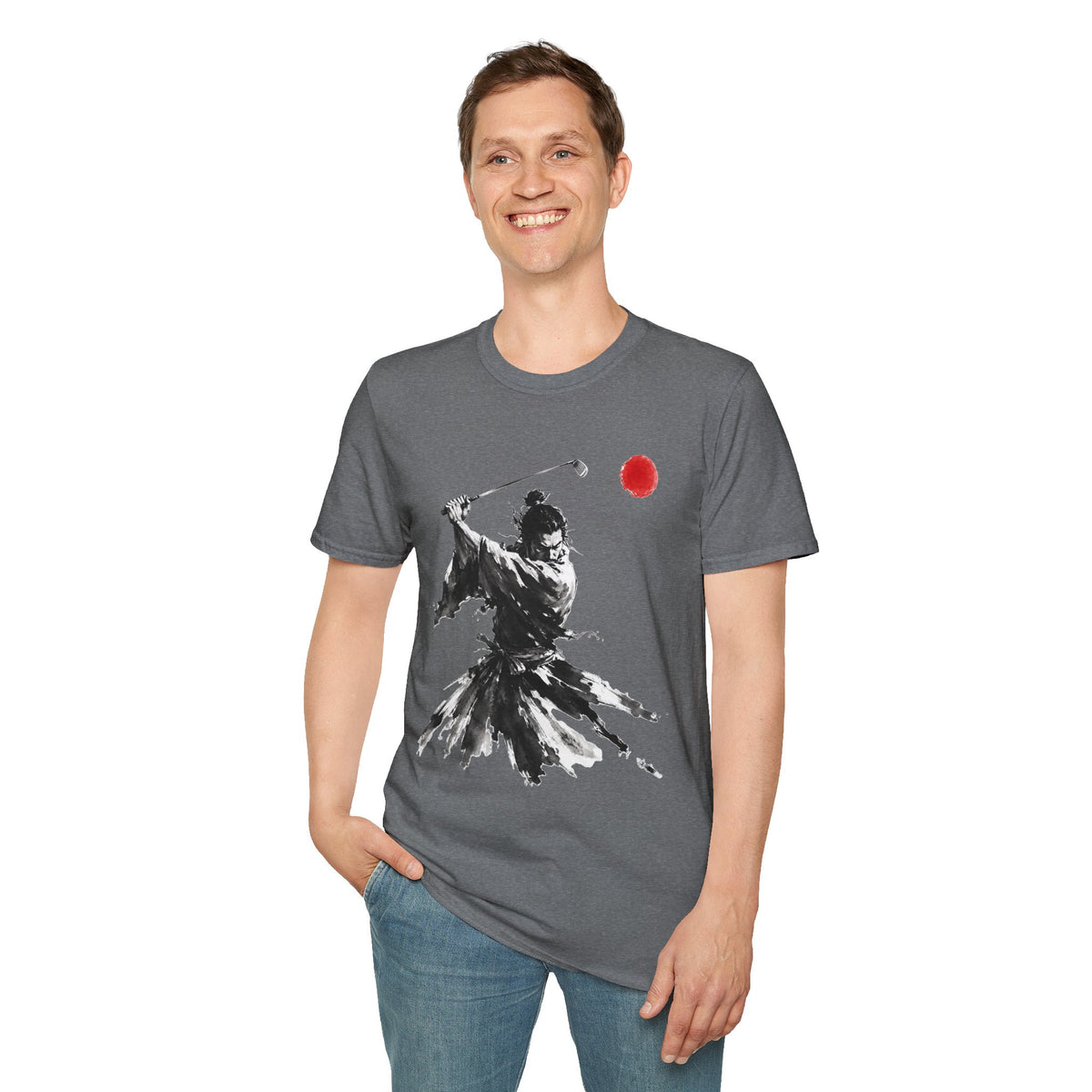 Samurai Golfer T-Shirt — Ink Brush Warrior Swing with Red Sun