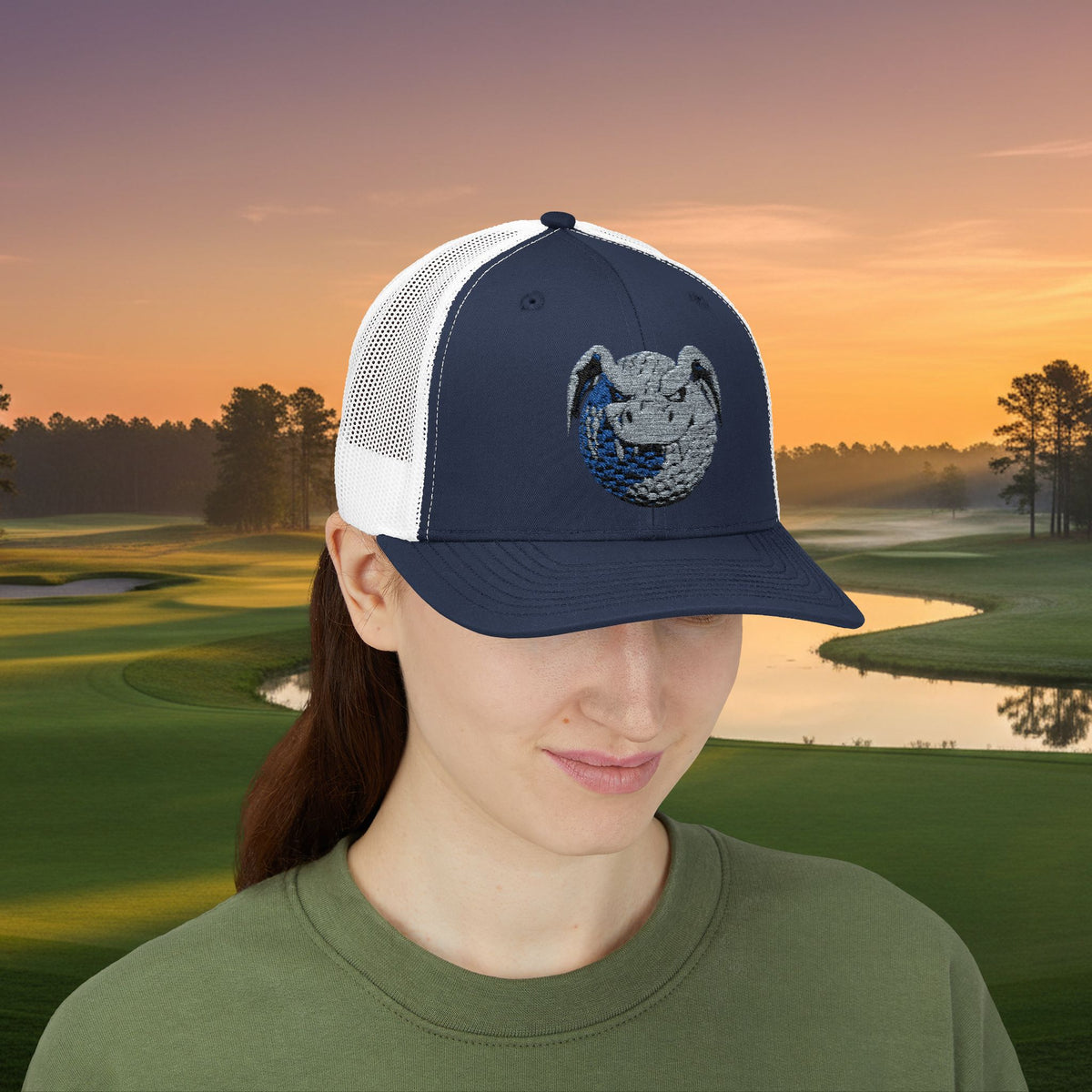 Embroidered Grey Stitched "Dragon Golf Ball" Trucker Cap