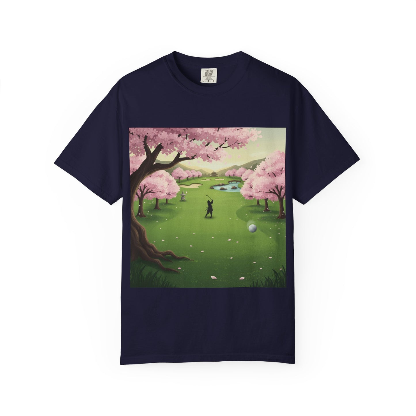 Zen Spot Golf Custom Golf Scenic Course Cherry Blossom Golfer Graphic T-Shirt