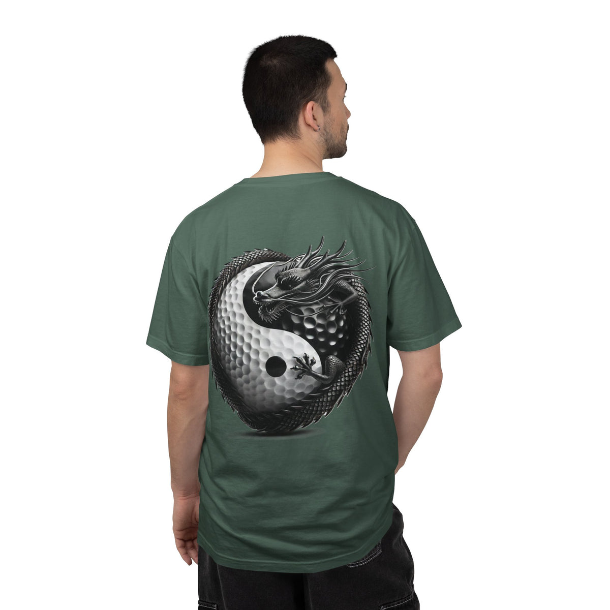 Enso Circle Chest Design Dragon Yin-Yang Golf Ball Back Graphic T-Shirt