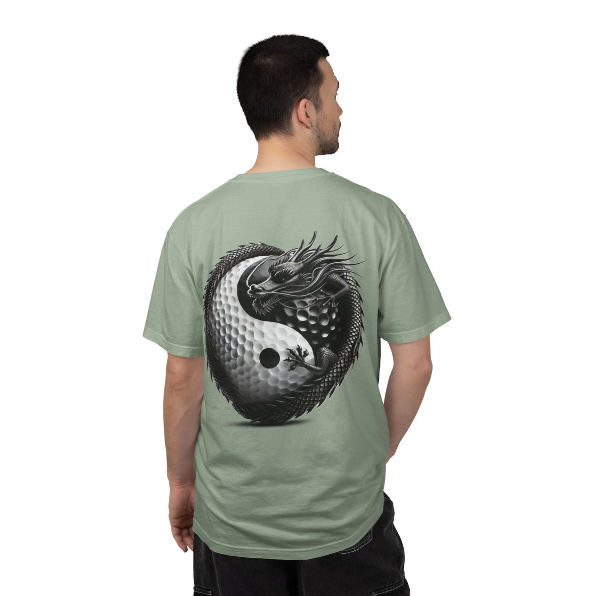 Enso Circle Chest Design Dragon Yin-Yang Golf Ball Back Graphic T-Shirt