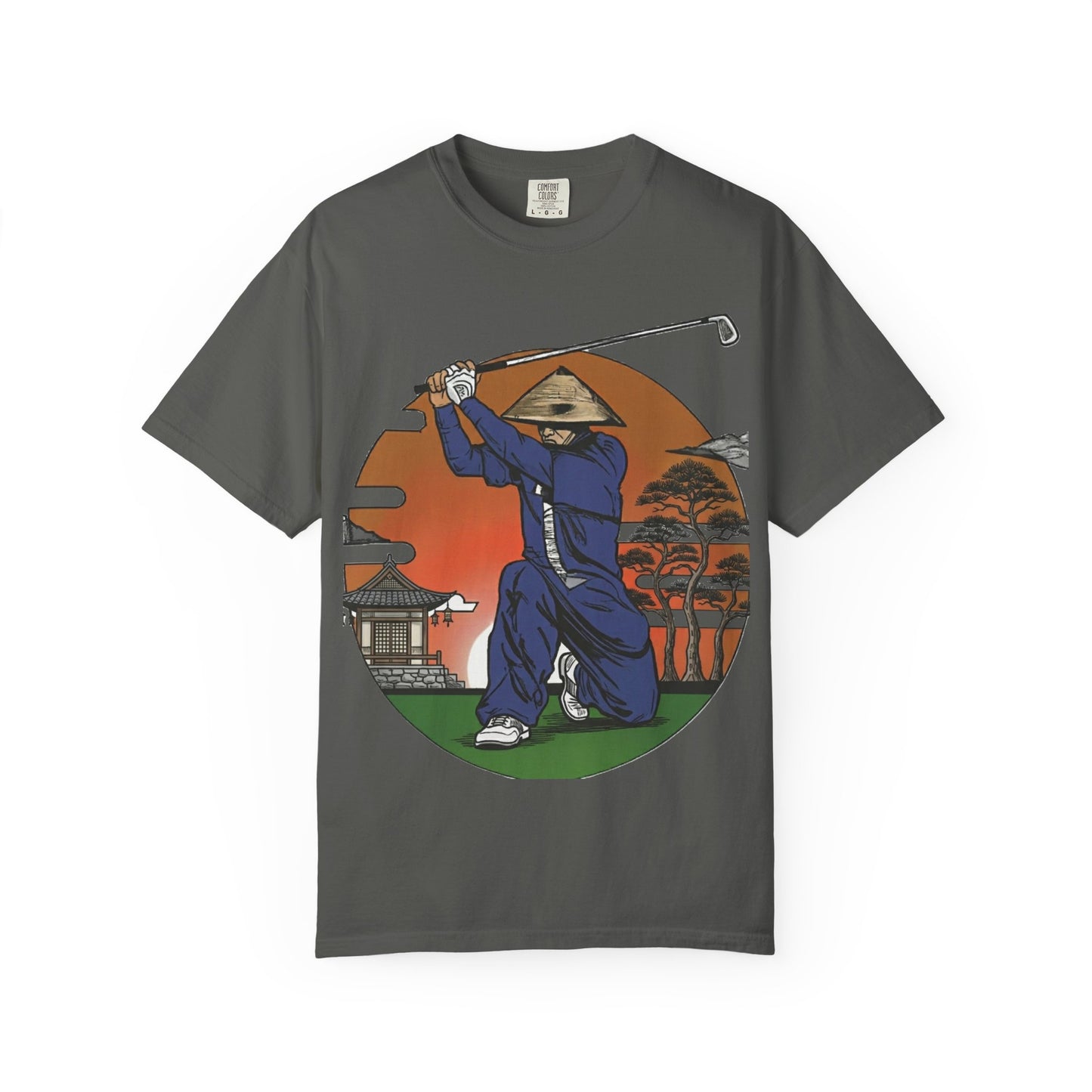 Zen Spot Golf Custom Vintage Sunset Samurai Golfer Graphic T‑Shirt
