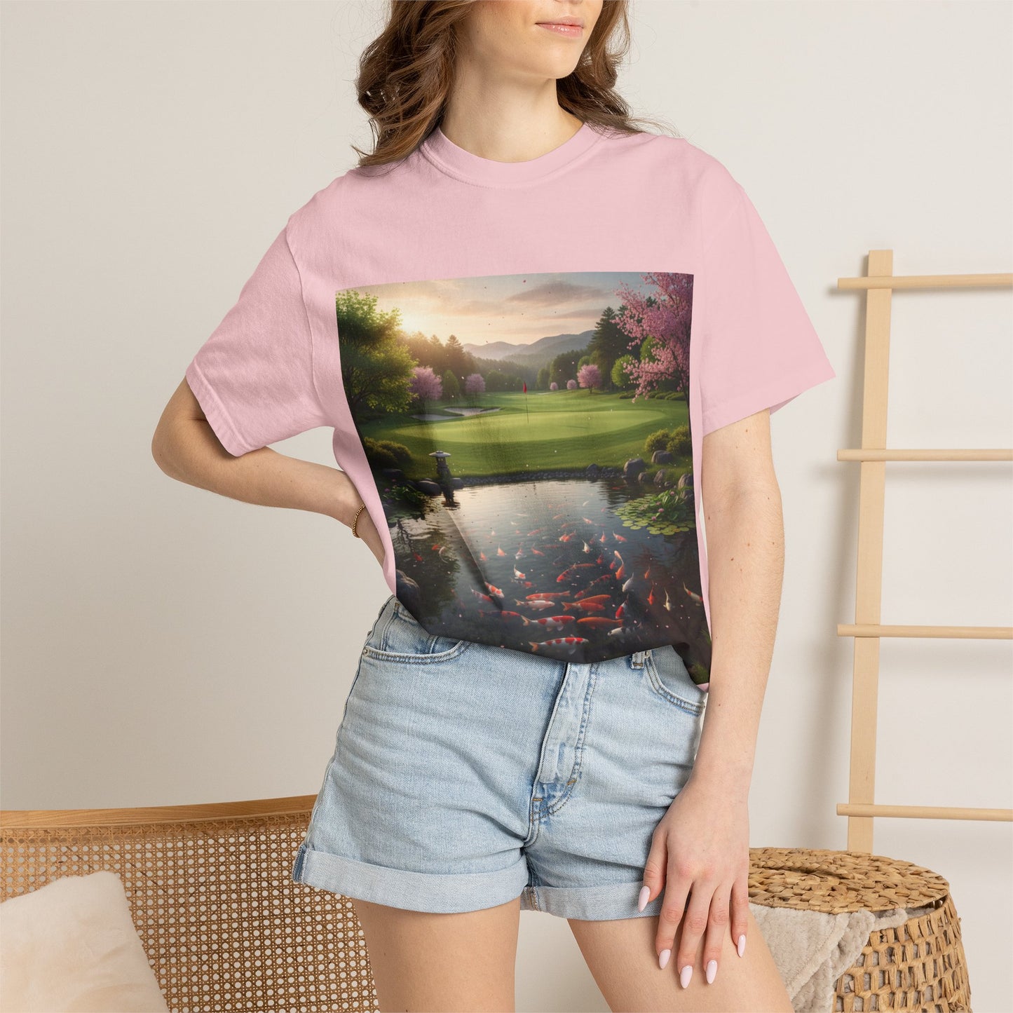 Zen Spot Golf Custom Zen Koi Pond Golf Course Sunset Graphic T-Shirt