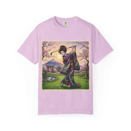 Zen Spot Customized Comfort Colors Geisha Golfing Sunset T-Shirt — Vintage Japanese Kimono Art Tee