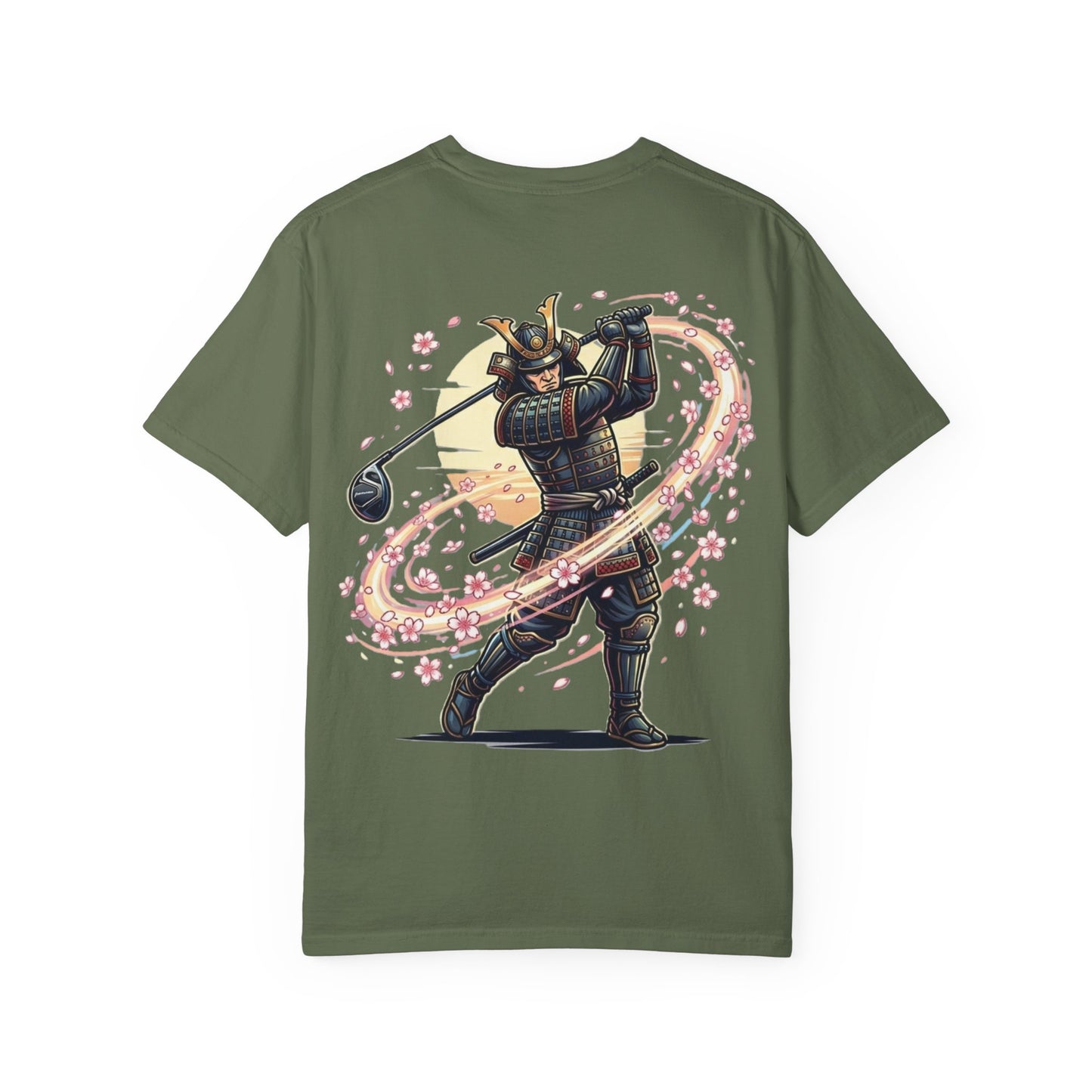 Zen Spot Customized Comfort Colors Samurai Golf T-Shirt — Warrior Golfer with Sakura Swing Graphic