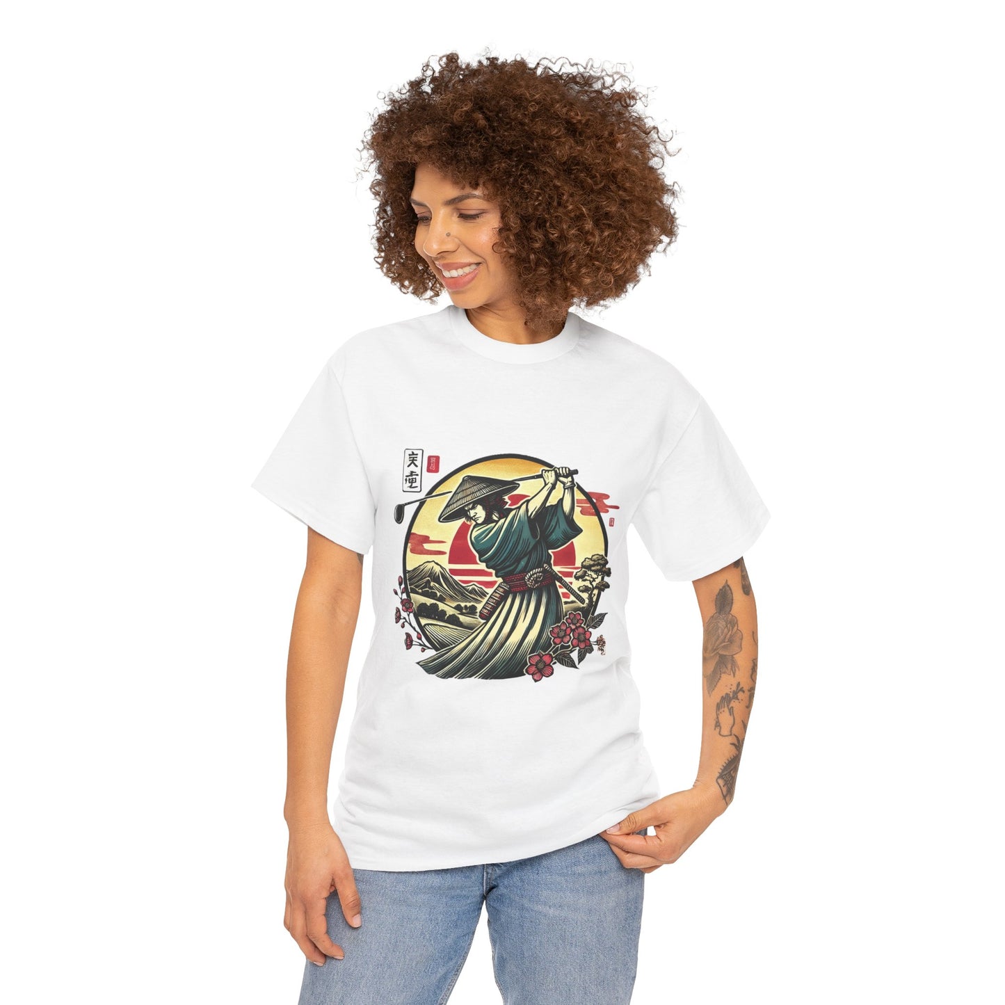 Zen Spot Customized Gildan Samurai Golfer Sunset T‑Shirt — Japanese Warrior Graphic Tee