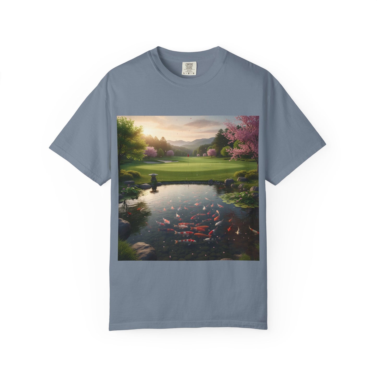 Zen Spot Golf Custom Zen Koi Pond Golf Course Sunset Graphic T-Shirt
