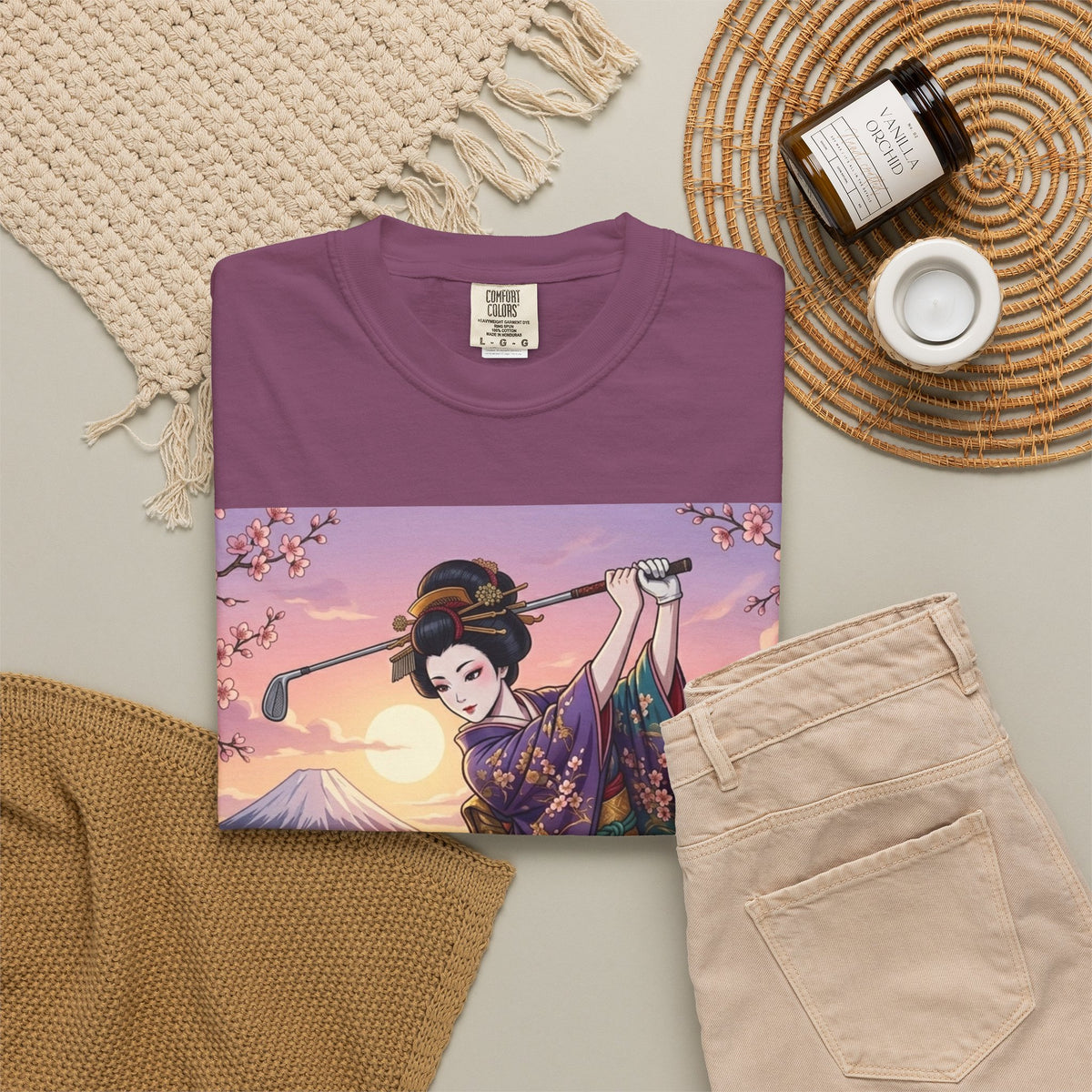 Geisha Golfer Garden T-Shirt — Japanese Kimono Sunset Art Tee