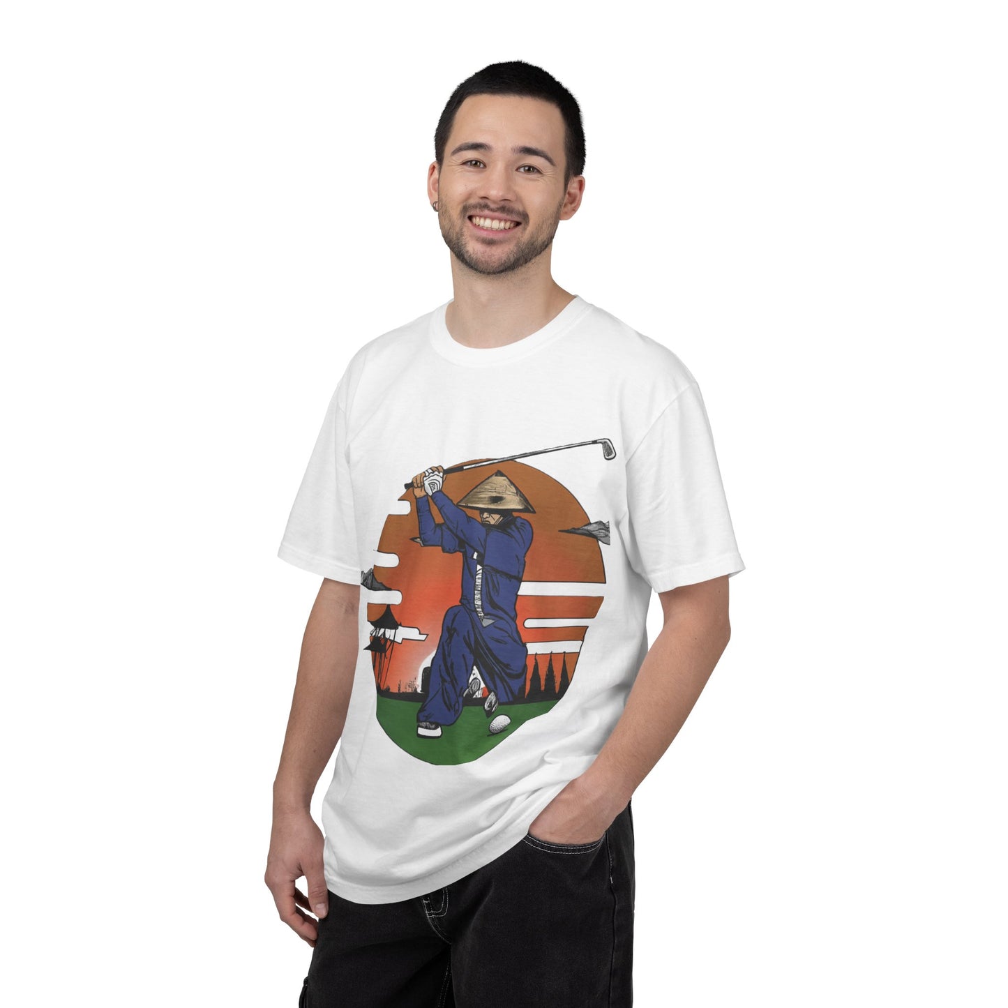 Golf Samurai T‑Shirt — Vintage Sunset Golfer Graphic