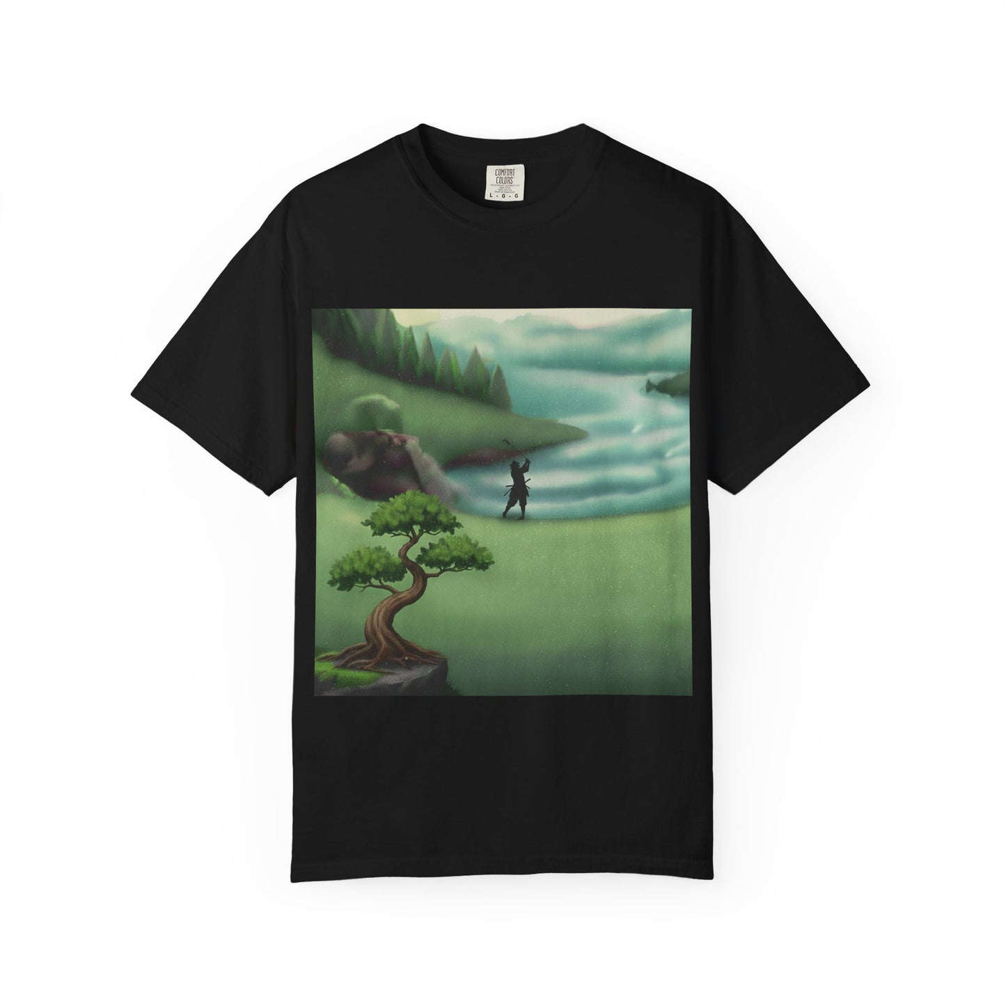 Golf Course Landscape T‑Shirt — Serene Golfer by Lake Graphic Tee
