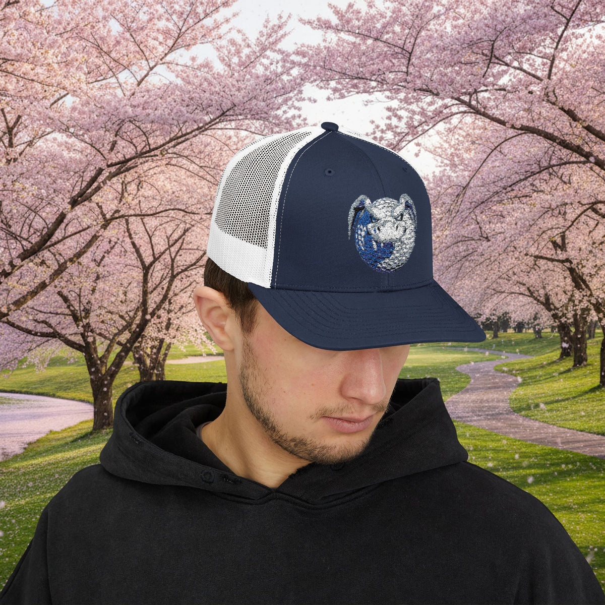 Embroidered White and Grey Stitched "Dragon Golf Ball" Trucker Cap