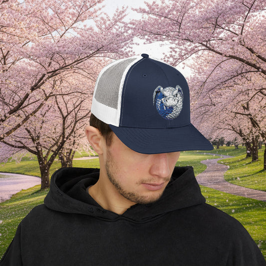Embroidered White and Grey Stitched "Dragon Golf Ball" Trucker Cap