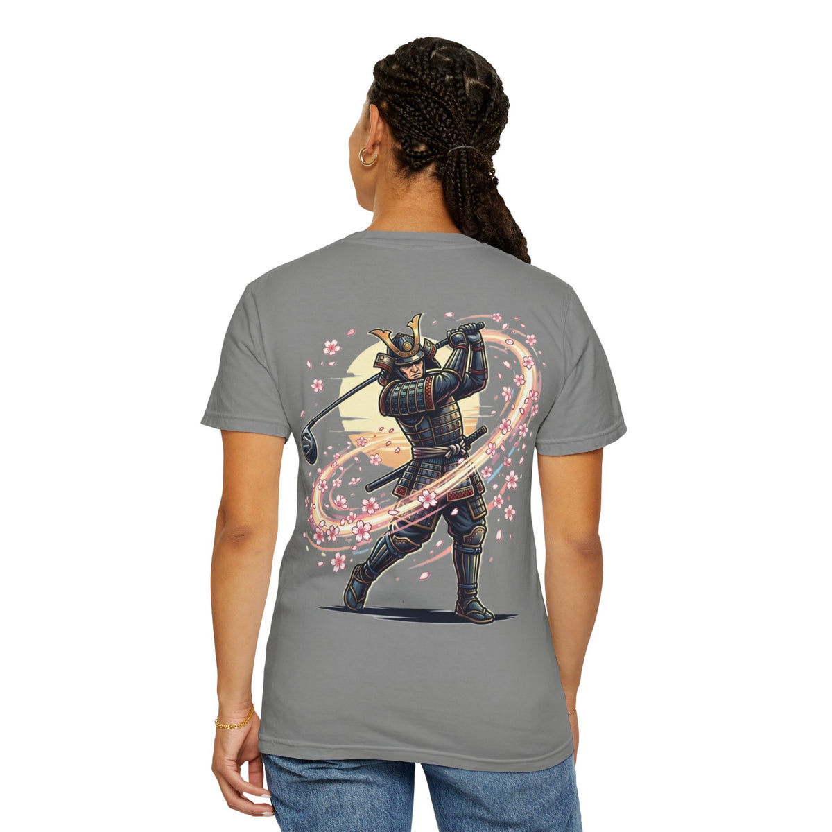 Samurai Golf T-Shirt — Warrior Golfer with Cherry Blossom Swirl