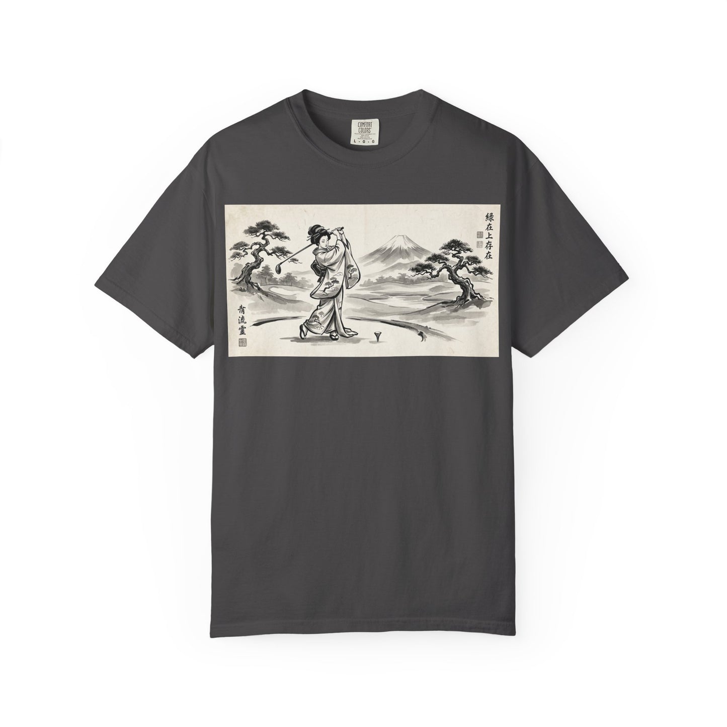 Zen Spot Customized Comfort Colors Japanese Sumi-e Landscape T-Shirt — Vintage Geisha & Mount Fuji Graphic Tee