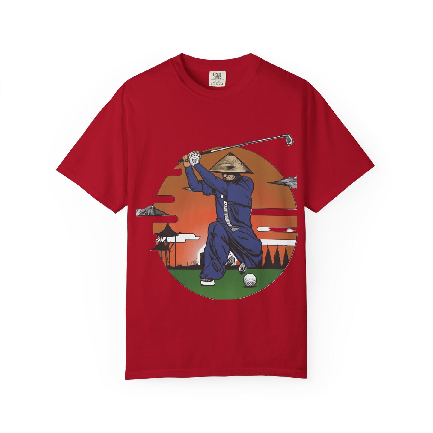 Golf Samurai T‑Shirt — Vintage Sunset Golfer Graphic
