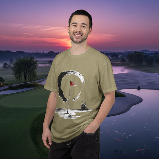Zen Golf T-Shirt — Minimalist Golf Flag & Enso Brushstroke Design