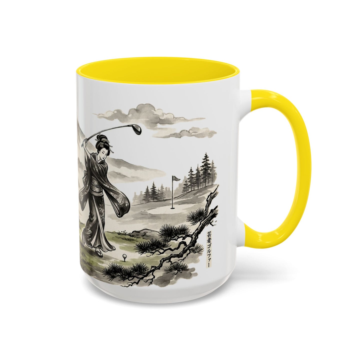 Zen Spot Golf Custom Japanese Golf Scene Accent Coffee Mug Ukiyo-e Style Golfing Geisha (11/15oz)