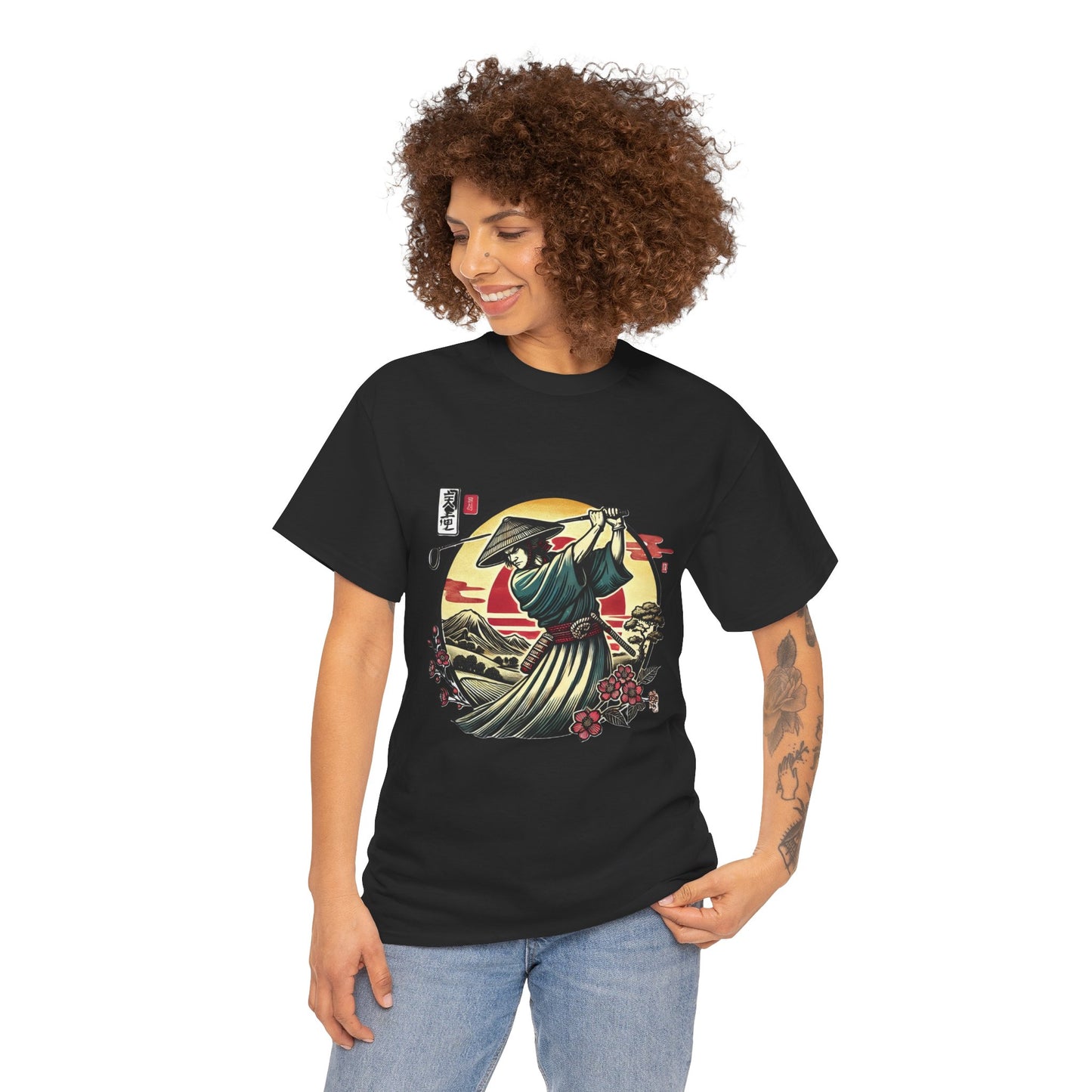 Zen Spot Customized Gildan Samurai Golfer Sunset T‑Shirt — Japanese Warrior Graphic Tee