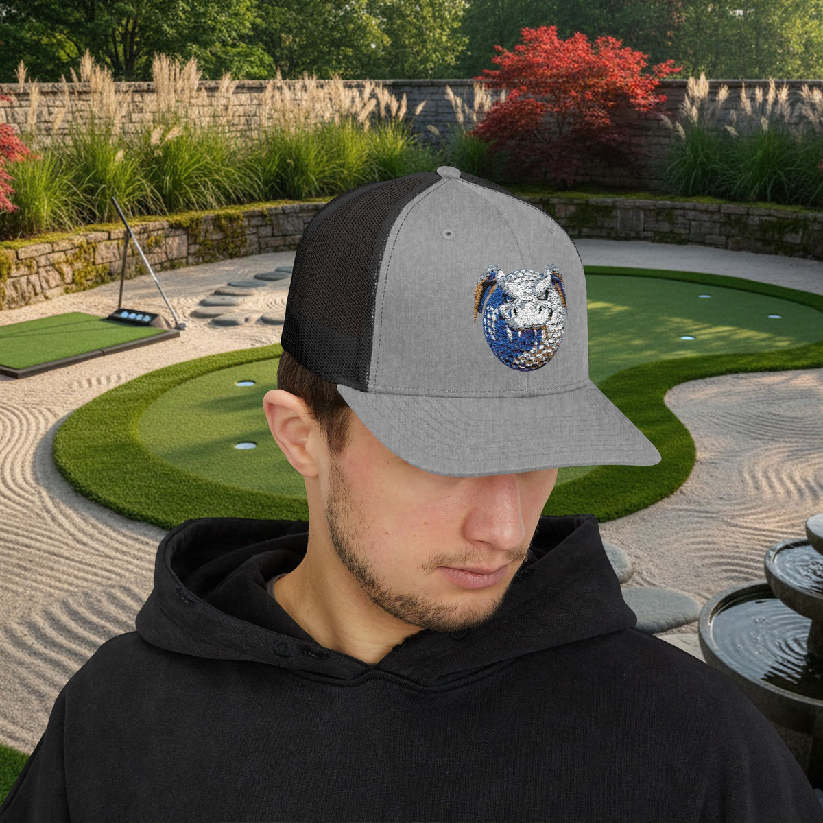 Embroidered White and Brown Stitched "Dragon Golf Ball" Trucker Cap