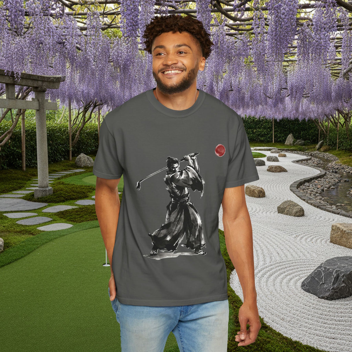 Samurai Golf T-Shirt — Sumi-e Brushstroke Golfer with Red Sun