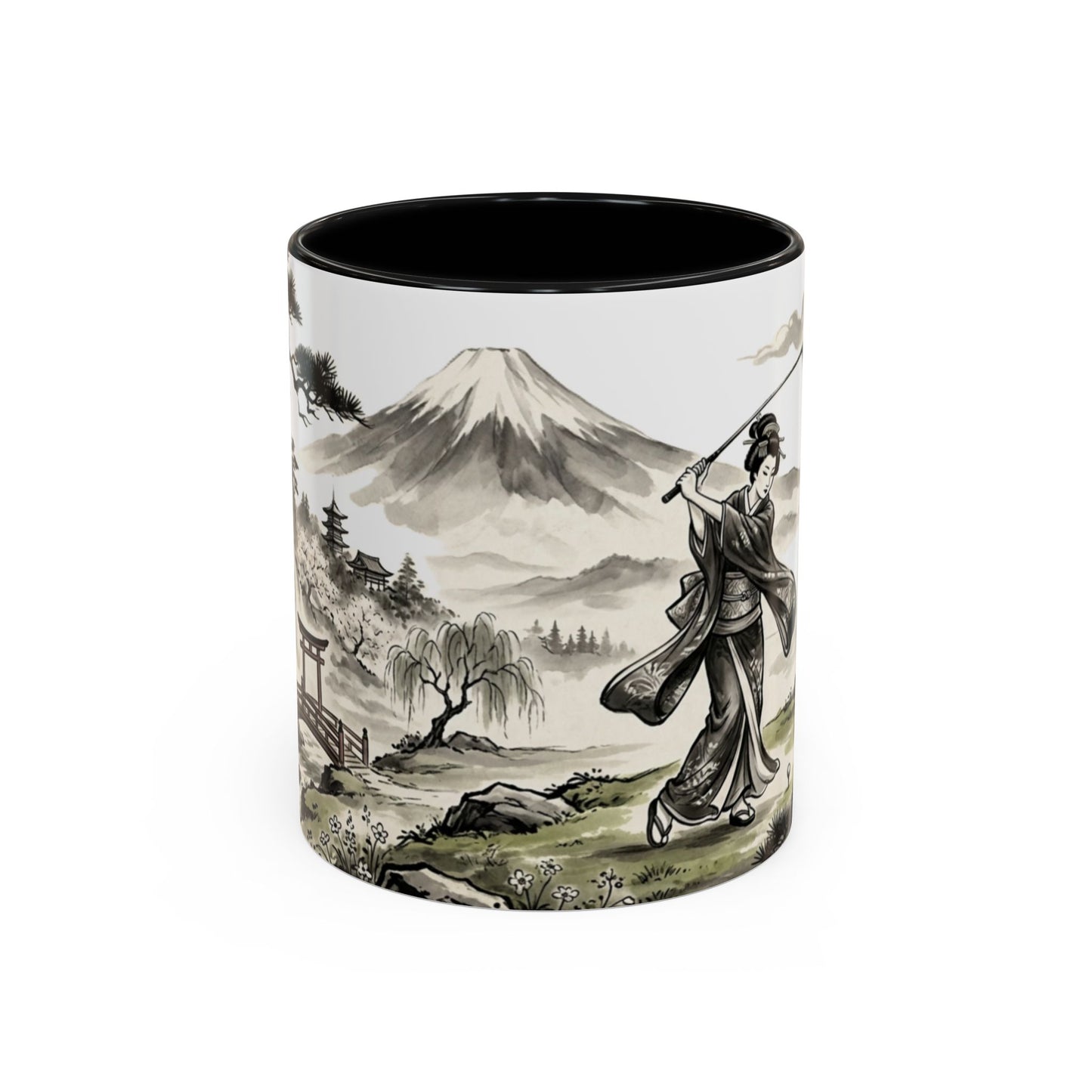 Zen Spot Golf Custom Japanese Golf Scene Accent Coffee Mug Ukiyo-e Style Golfing Geisha (11/15oz)