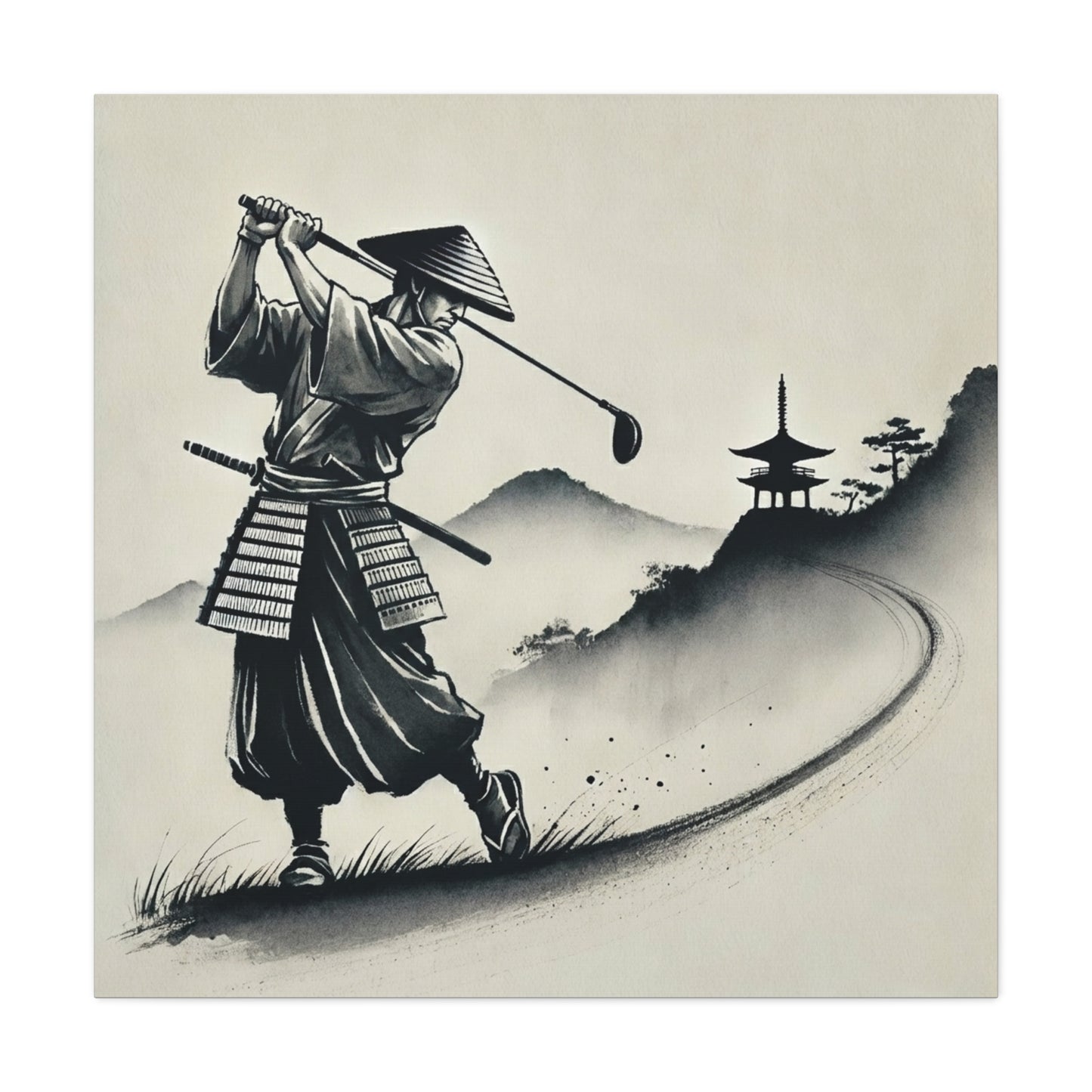 Samurai Golf Canvas Wall Art — Zen Golfing Japanese Ink Print