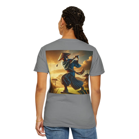 Enso Circle Chest Design Samurai Golfer Sunset Back Graphic T-Shirt
