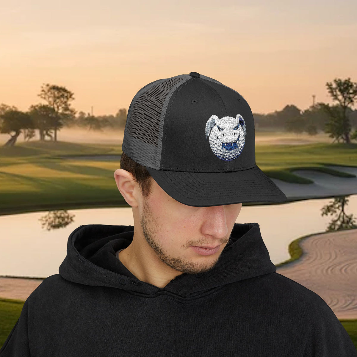 Embroidered White Stitched "Dragon Golf Ball" Trucker Cap