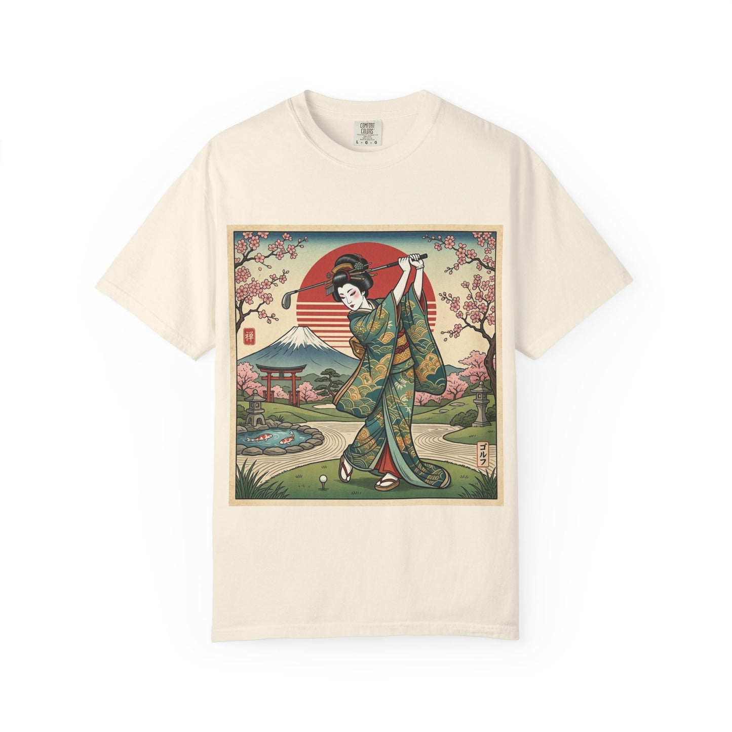 Zen Spot Golf Custom Vintage Japanese Kimono Geisha Golfer Sunset Graphic T-Shirt