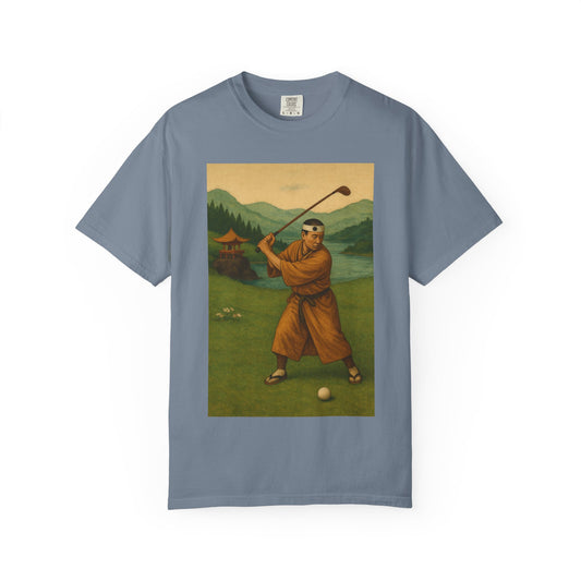 Zen Spot Customized Comfort Colors Vintage Golfer Graphic T-Shirt — Retro Asian-Inspired Golf Scene