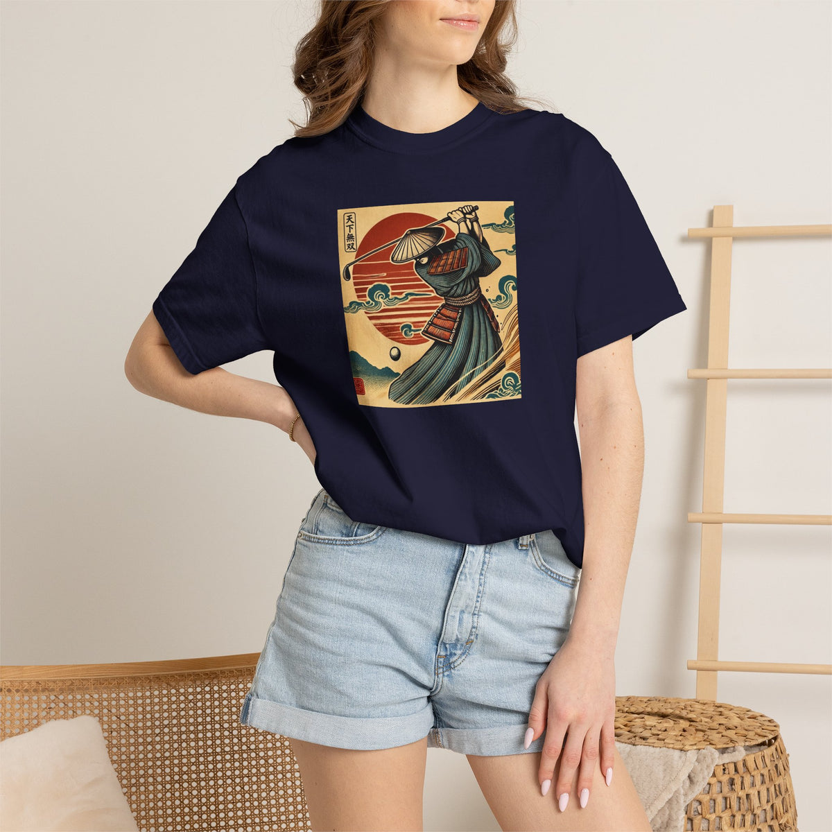 Vintage Japanese Samurai Golfer Sunset Graphic T-Shirt
