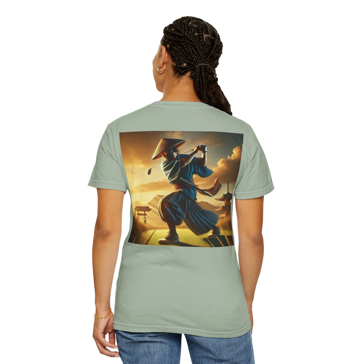 Enso Circle Chest Design Samurai Golfer Sunset Back Graphic T-Shirt