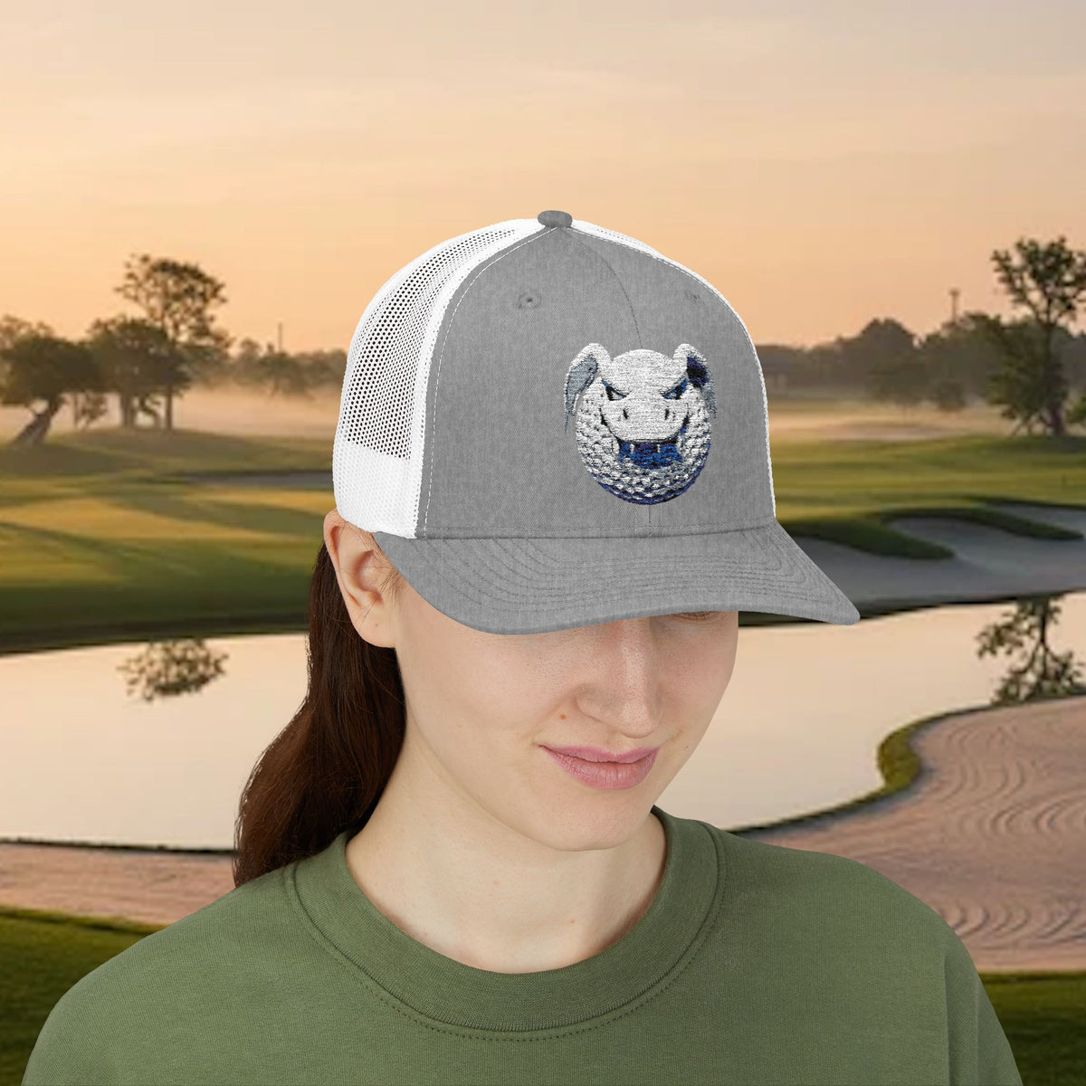 Embroidered White Stitched "Dragon Golf Ball" Trucker Cap
