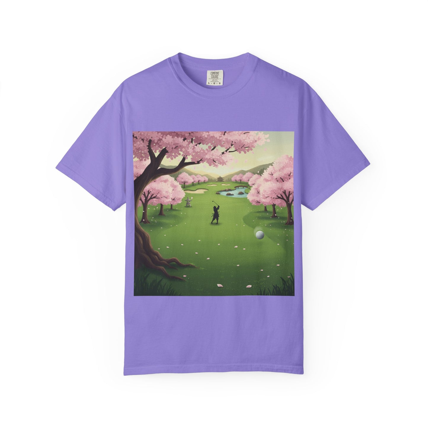 Zen Spot Golf Custom Golf Scenic Course Cherry Blossom Golfer Graphic T-Shirt