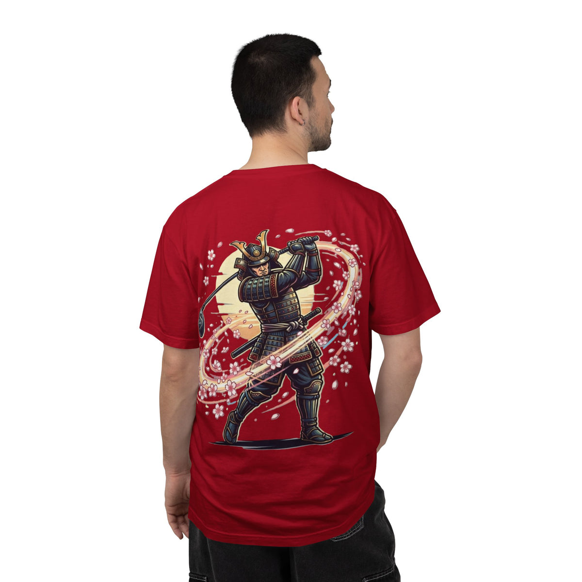 Samurai Golf T-Shirt — Warrior Golfer with Cherry Blossom Swirl
