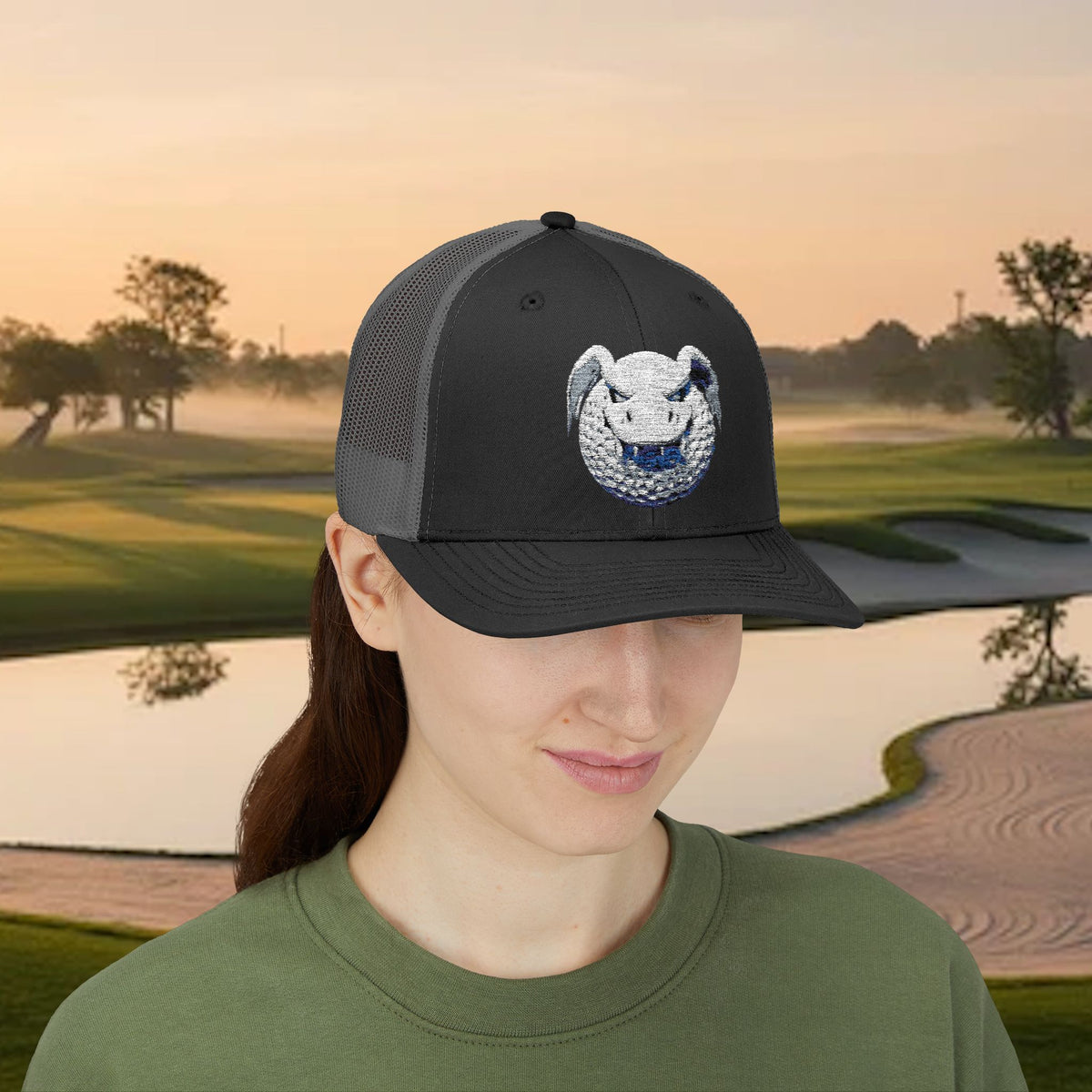 Embroidered White Stitched "Dragon Golf Ball" Trucker Cap