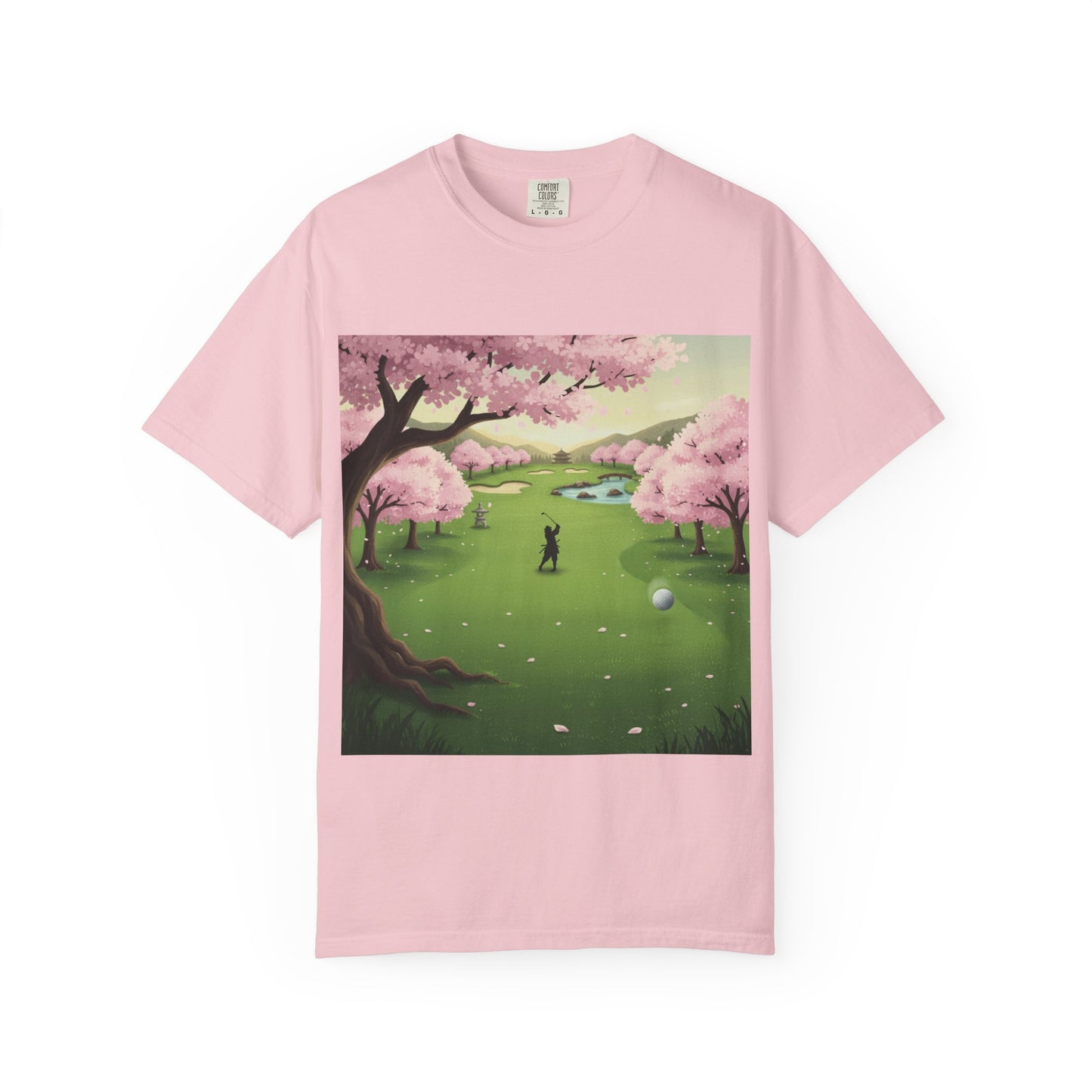 Zen Spot Golf Custom Golf Scenic Course Cherry Blossom Golfer Graphic T-Shirt