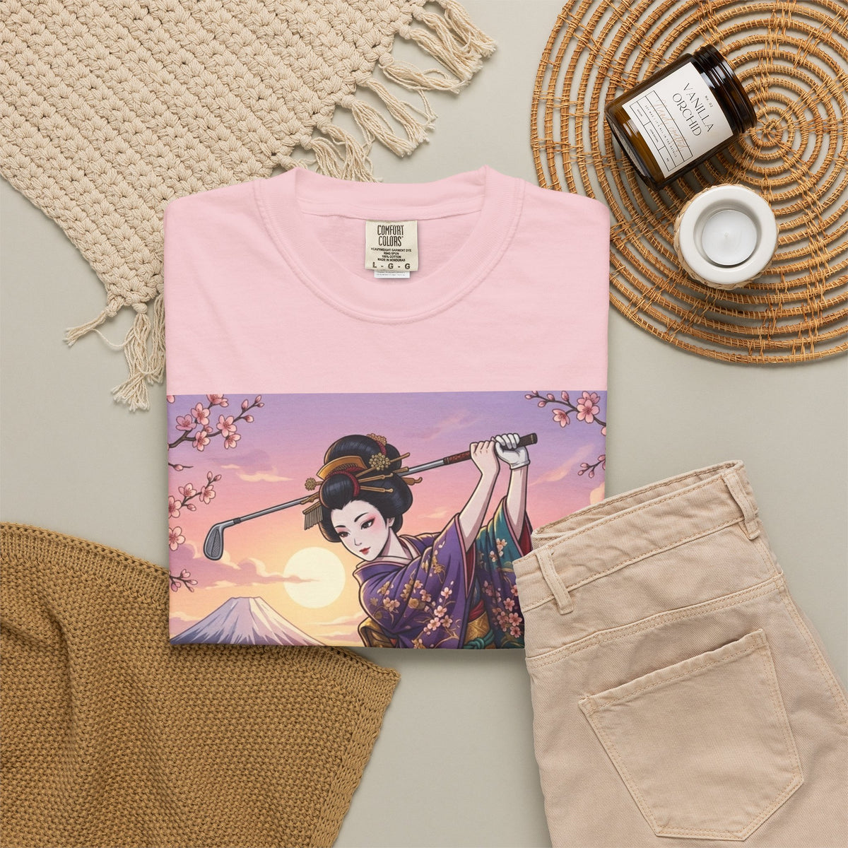 Geisha Golfer Garden T-Shirt — Japanese Kimono Sunset Art Tee